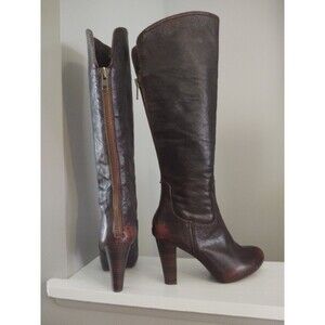 Frye Miranda Back Zip Distressed Cognac Brown Leather Knee High Heel Boots 6M